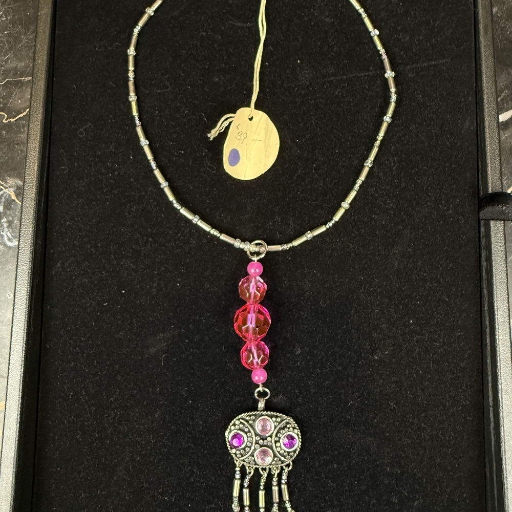 Pink Silver Beaded Y2k Necklace Artisan Boho Tassel